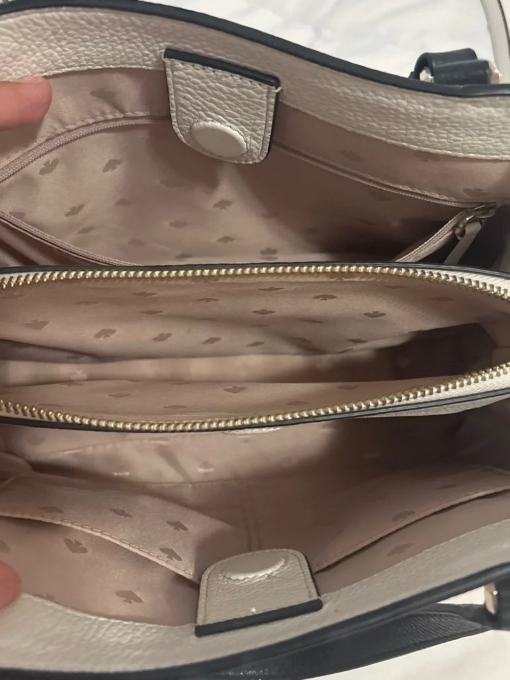 kate spade Cream & Blush Pebbled Leather Satchel with Black Handles